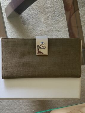 Salvatore Ferragamo Olive Canvas Clutch with Silver Hardware